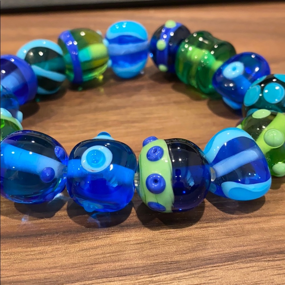 Boho Blue Green Art Glass Bead Bracelet. Stretches - Picture 2 of 5